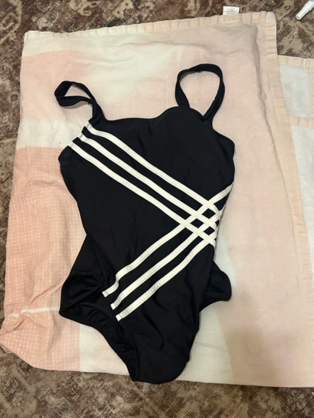Classic Black One-Piece Swimsuit with White Striped Detail Trimshapers size 10